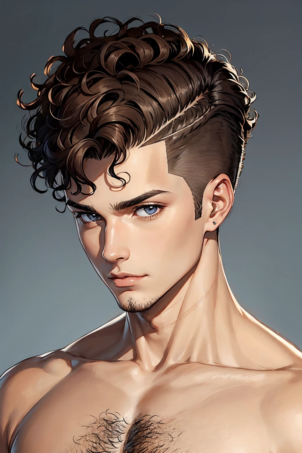 man with curly hair haircut style shaved on the sides brown hair color