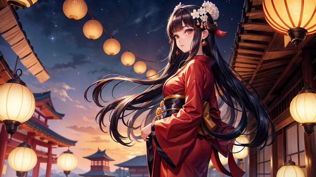 One girl, Black Hair, Brown eyes, Wearing a beautiful Japanese kimono, Princess Kaguya,hair ornaments, bamboo, View your viewers, night, star (null), Ruffle sleeves, null, night null,night,High resolution, Super sharp, 8k, masterpiece