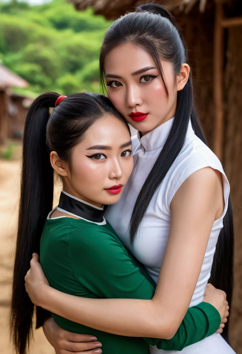 2 mix asian woman hugging each other, hands over crotch, (one woman hasgreen eyes, white skin, long black hair, ponytail, choker, small breasts, show cleavange, lipstick, makeup, eyeliner), (other woman is a blonb with brown eyes), wearing a indonesian high  short outfit, on the green village, (village theme), (masterpiece, best quality, 8k, sharp focus, depth of field, best shadows, perfect lights, HDR, realistic skin texture,  ultra-detailed and detailed background),