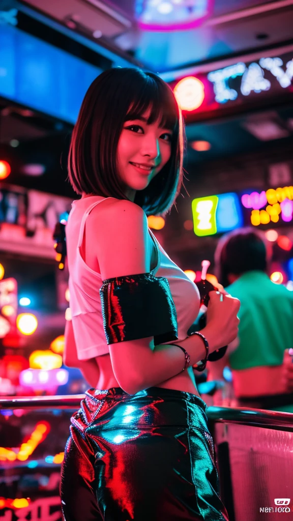 (best quality,4k,highres),Godzilla flirting with a shy Japanese woman,short hair,flirty Japanese girl,club outfit,giga ,busy night club,dynamic lighting,vibrant colors,bokeh,exciting atmosphere,unique encounter,playful interaction,lively crowd