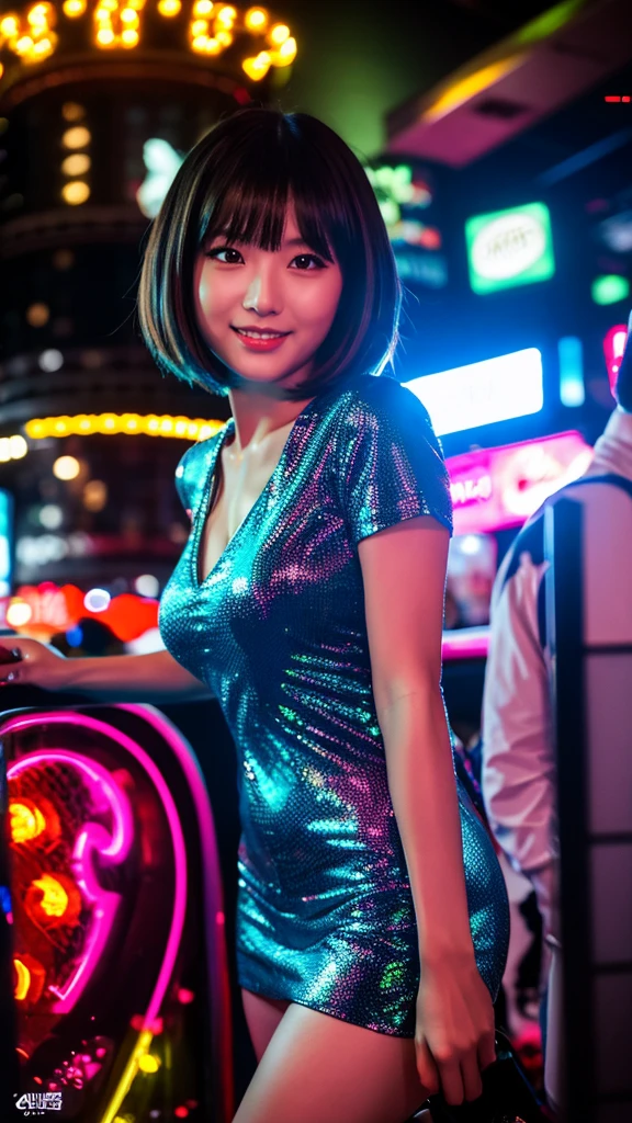 (best quality,4k,highres),Godzilla flirting with a shy Japanese woman,short hair,flirty Japanese girl,club outfit,giga ,busy night club,dynamic lighting,vibrant colors,bokeh,exciting atmosphere,unique encounter,playful interaction,lively crowd