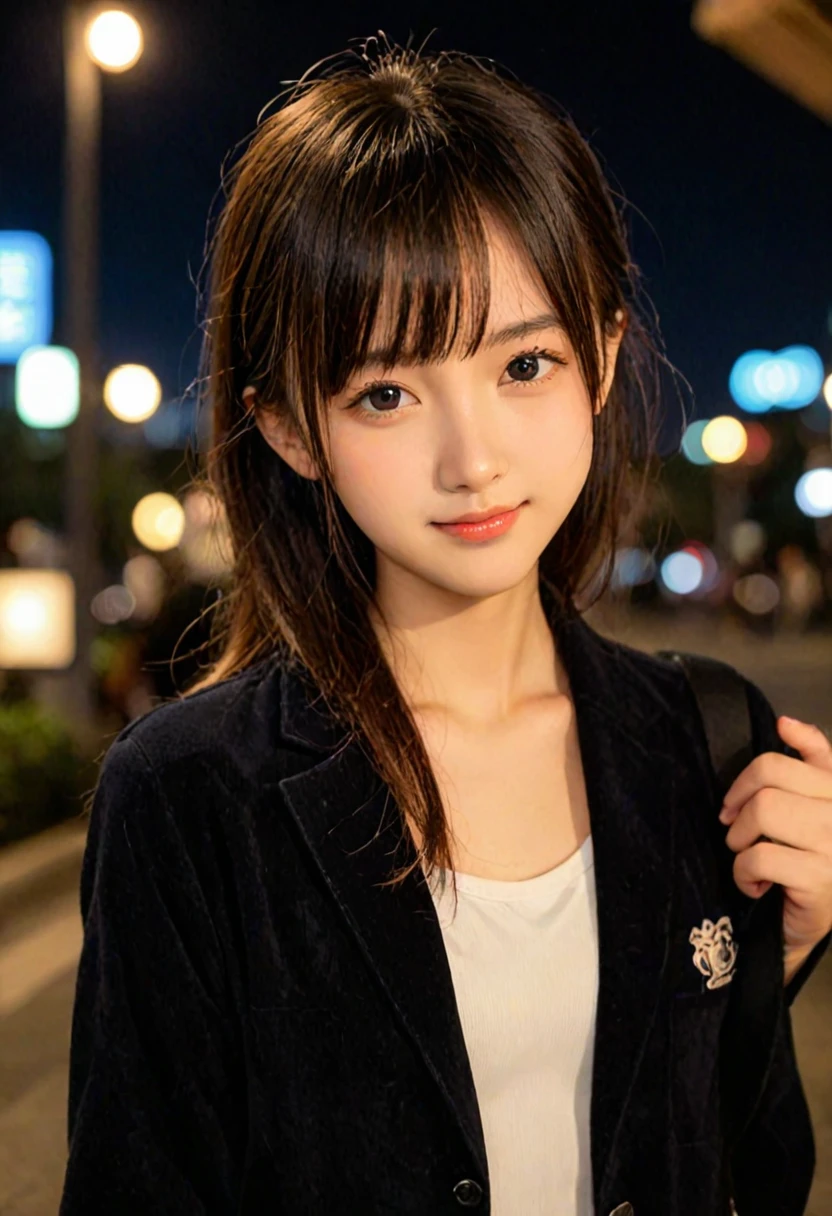 score_9, score_8_up, score_7_up, 1girl, japanese girl, cute, kawaii, beautiful face, perfect face, perfect body, light smile, shy, girl wearing formal wear, jacket, detailed eyes, shiny skin, waking, looking at viewer, small breasts, skinny, from behind, depth of field, simple background, tokyo street, outdoors, night, night sky, jpn-girl, extremely detailed, professional lighting