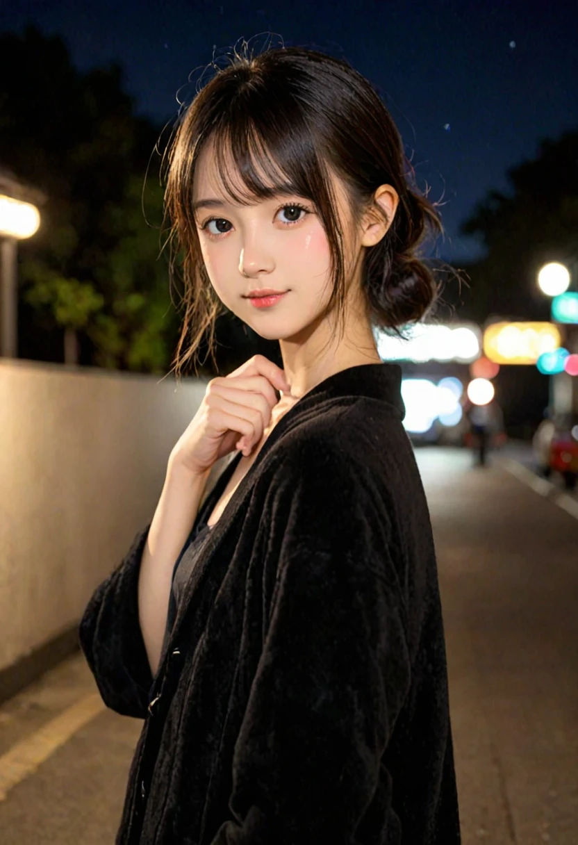 score_9, score_8_up, score_7_up, 1girl, japanese girl, cute, kawaii, beautiful face, perfect face, perfect body, light smile, shy, girl wearing formal wear, jacket, detailed eyes, shiny skin, waking, looking at viewer, small breasts, skinny, from behind, depth of field, simple background, tokyo street, outdoors, night, night sky, jpn-girl, extremely detailed, professional lighting