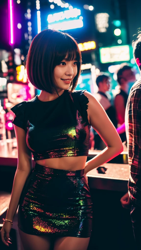 (best quality,4k,highres),Godzilla flirting with a shy Japanese woman,short hair,flirty Japanese girl,club outfit,giga ,busy night club,dynamic lighting,vibrant colors,bokeh,exciting atmosphere,unique encounter,playful interaction,lively crowd
