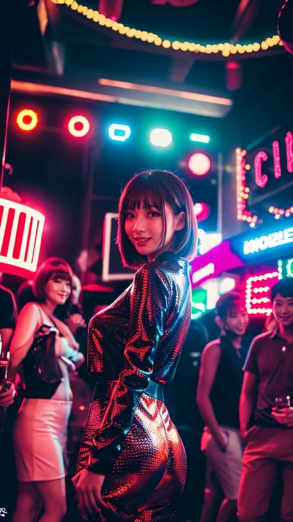 (best quality,4k,highres),Godzilla flirting with a shy Japanese woman,short hair,flirty Japanese girl,club outfit,giga ,busy night club,dynamic lighting,vibrant colors,bokeh,exciting atmosphere,unique encounter,playful interaction,lively crowd