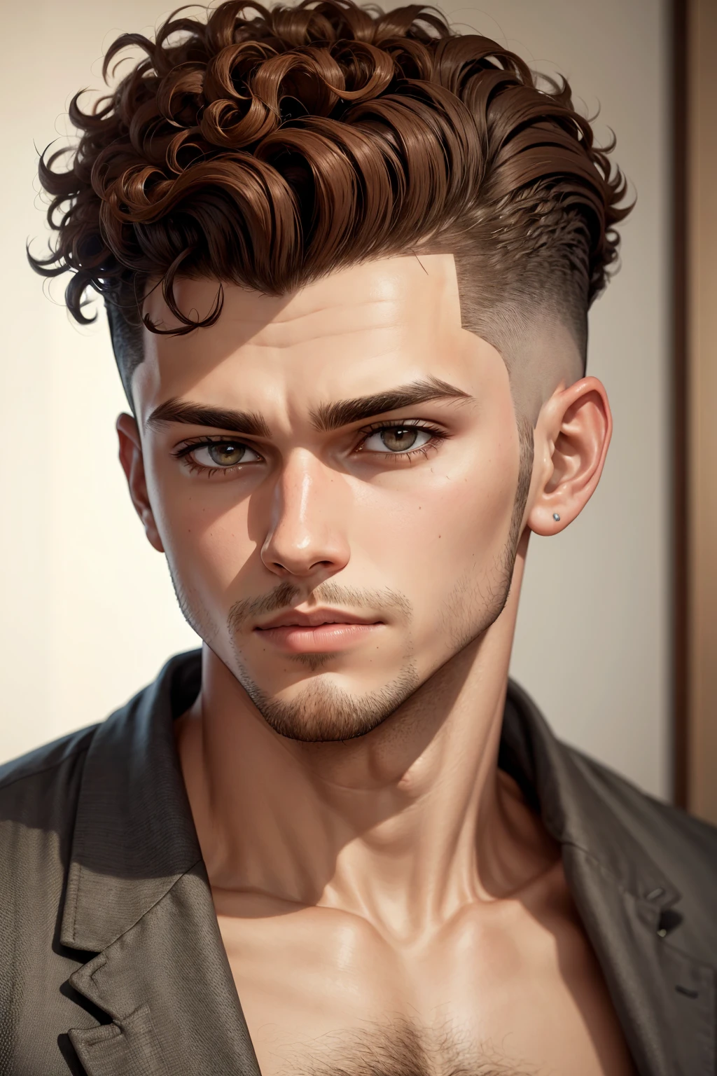 man with curly hair haircut style shaved on the sides brown hair color