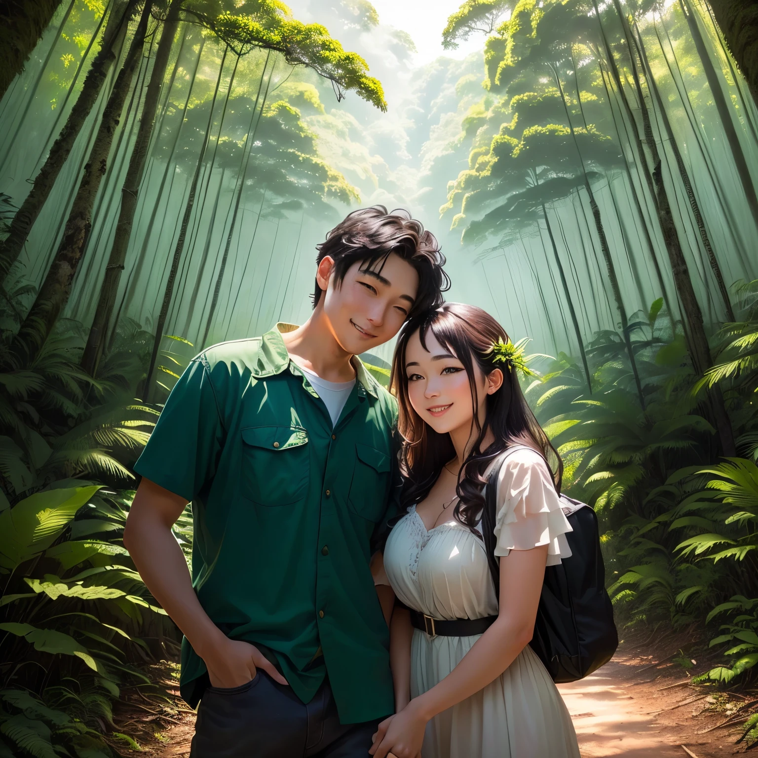 there is a man and woman taking a selfie in the woods, couple, in front of a forest background, in forest, in front of an amazing forest, with her long, lovely couple, in jungle forest !!!, happy couple, in jungle forest, picture, scenary, in jungle, forest in the background, in a tropical forest, in forest jungle, vacation photo