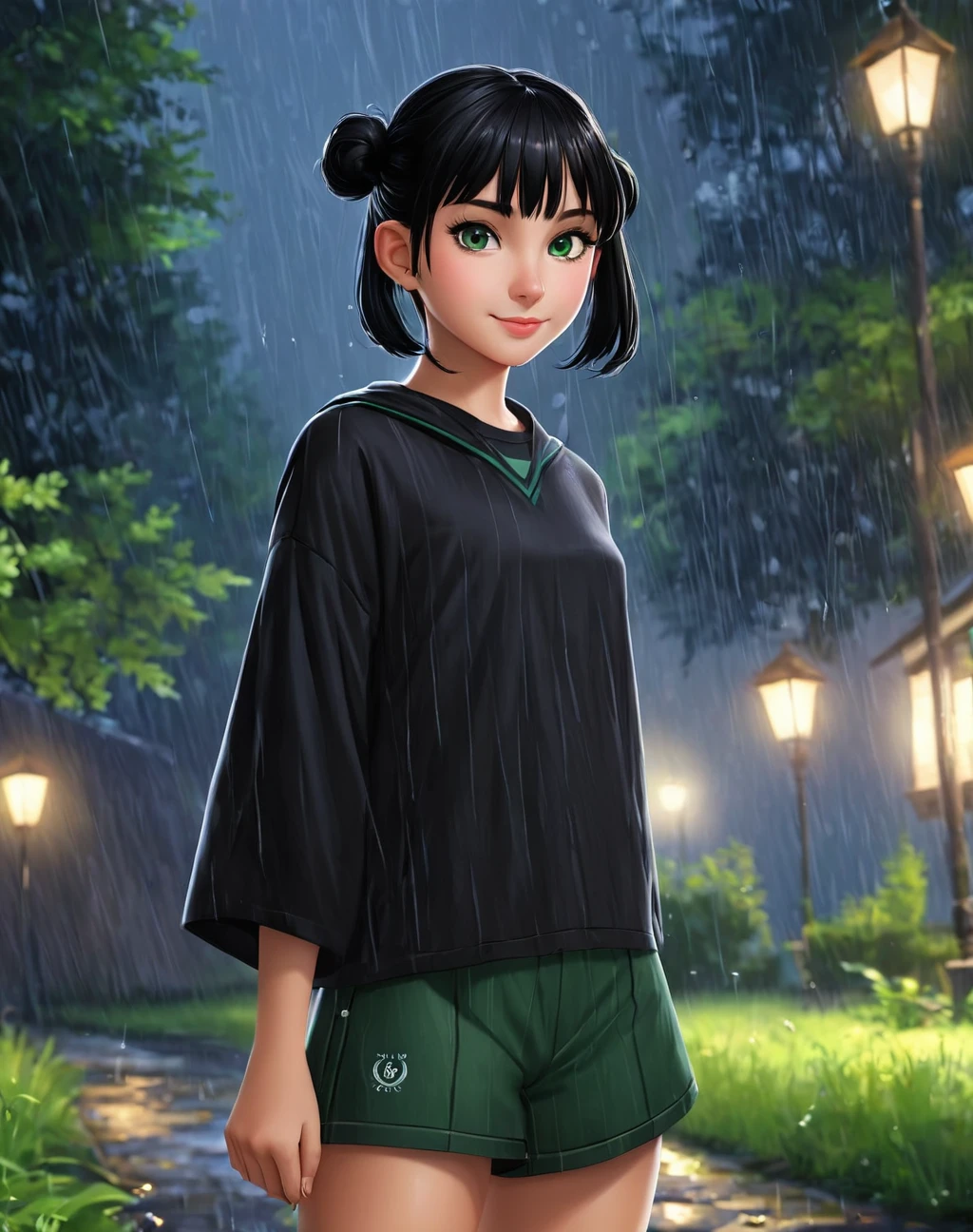 score_9, score_8_up, score_7_up, score_6_up,source, 1girl, 1 girl, daughter of severus snape, 11 years old, h1m1k0t0g4, green eyes, black hair, short hair, blunt bangs, hair bun, messy hair, smile, croptop, shorts, night, rain, outdoors,
