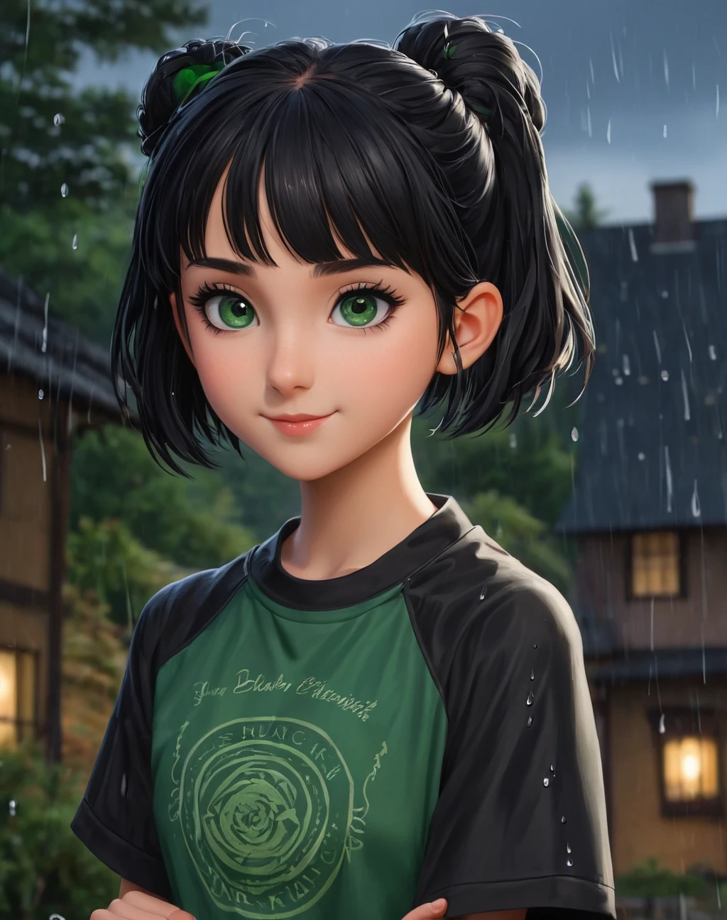 score_9, score_8_up, score_7_up, score_6_up,source, 1girl, 1 girl, daughter of severus snape, 11 years old, h1m1k0t0g4, green eyes, black hair, short hair, blunt bangs, hair bun, messy hair, smile, croptop, shorts, night, rain, outdoors,
