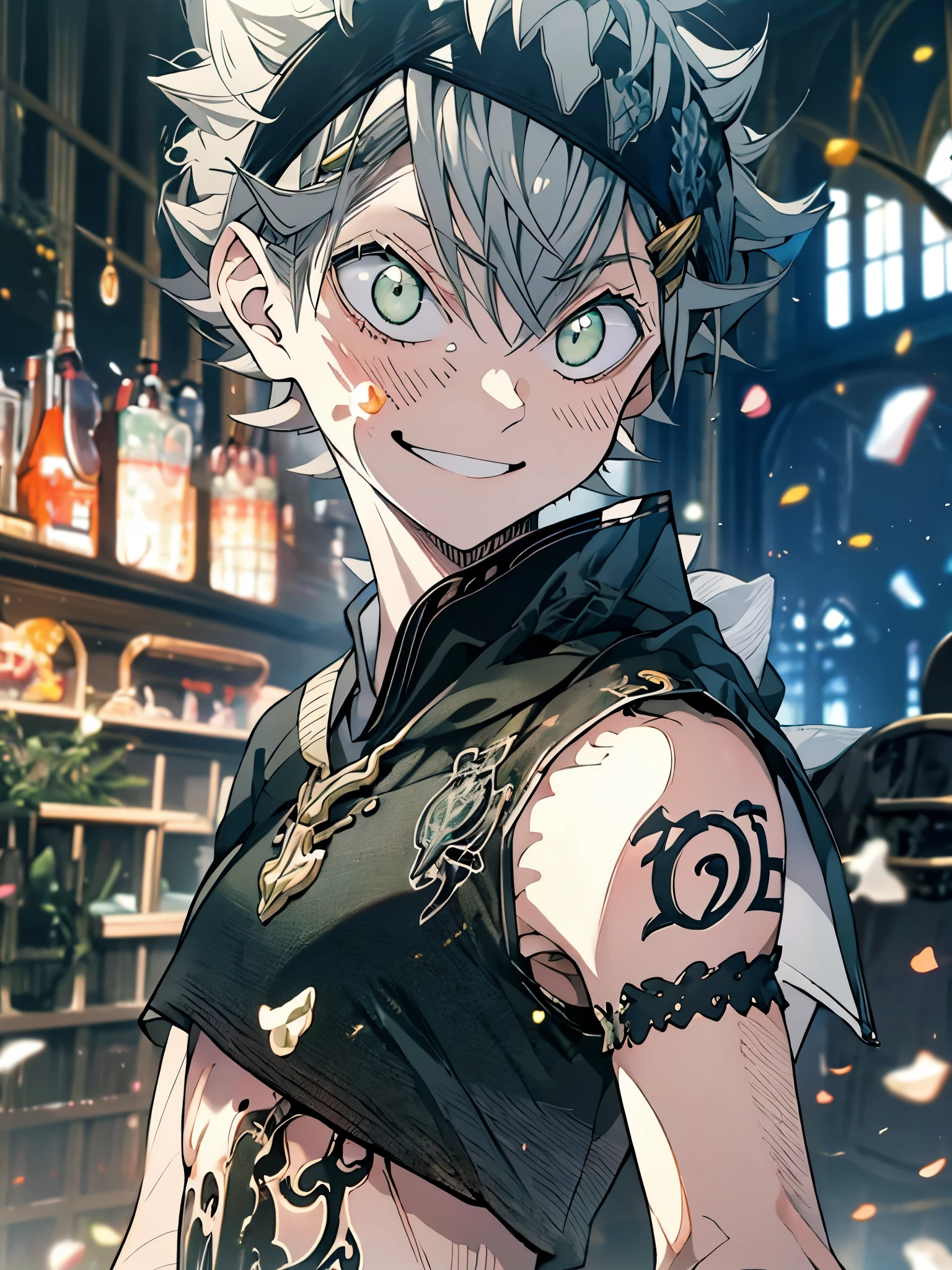1boy, Asta, gray hair, green eyes, short hair, black hair band, black clothes, Smiling, Focus on the face, Upper body
