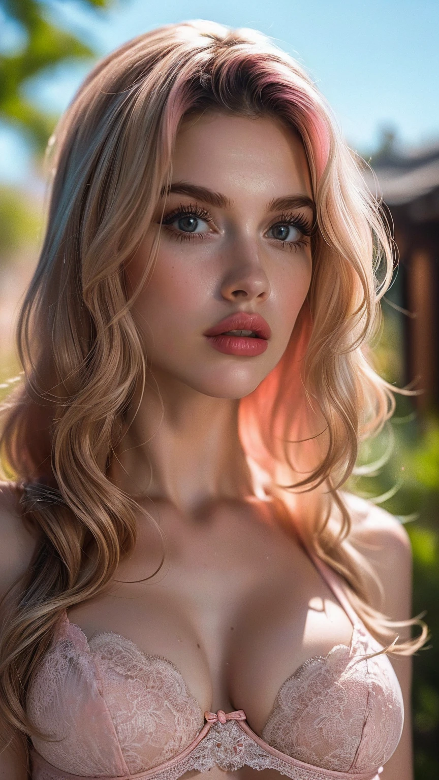 (((ultra realistic))) Photo, masterpiece, top quality, (pale skin), (Ultra detailed face and eyes:1.2), 1 girl, Adult, ((in one size too small tight lingerie)), strapless bra, ((very heavy eye makeup, pink mascara)), ((fake detailed lips)), ((Pink wavy hair)), ((Stylish hairstyle)) , (({Enormous|Gigantic|Big|Huge|Mega|Fake} pushed-up breasts)), (very slim waist). ((very huge cleavage)), photoshoot, (Soft) Lighting, (The play of light and shadows), depth of field, bokeh, (special attention to skin detail: 1.2), (special attention to enormous breast size: 1.2), (special attention to extra tight clothing size: 1.2), Detailed texture, skin pores, oily skin. (?????? atmosphere of the frame. Color range - purple, Pink, Tons), UDR, ((Film grain)), ((rays)), (Glare), ((upper body body)) , ultra detialed,