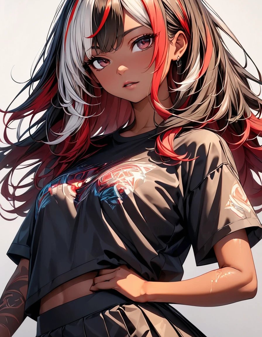 (highest quality:1.2, Very detailed, up to date, Vibrant, Ultra-high resolution, High Contrast, masterpiece:1.2, highest quality, Best aesthetics), Portraiture、girl, (solo), singer、Rock Music、medium wave hair、(red hair and white hair:1.3), ((streaked hair:1.6)), highlights hair: 1.5, red eyes, slim body, medium breast, (tan skin:1.1), look far away, Bright colors、Beautiful fine details、Beautiful lip detail、Edgy Style、(black Skirt-style-bikini)、loose fit, standing, from front、vocal, (Floral Fineline tattoo design on left arm:1), (cowboy-shot), (head), (No background:1.4), ((Plain white background:1.3)),