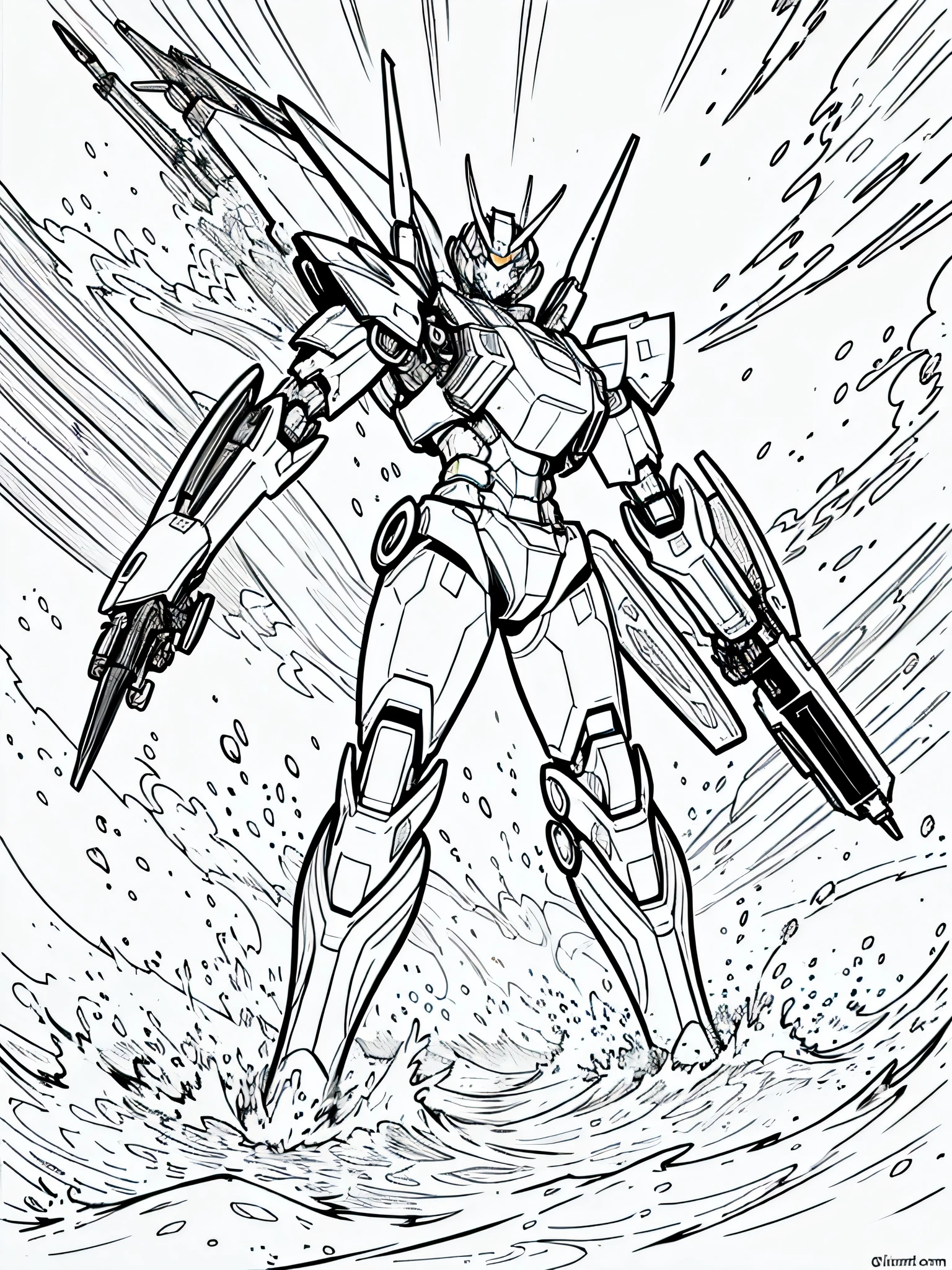masterpiece, Best Quality, a mecha in the sea, closeup Line art, monochrome, clean lines, black and white, his summer, coloring book page,