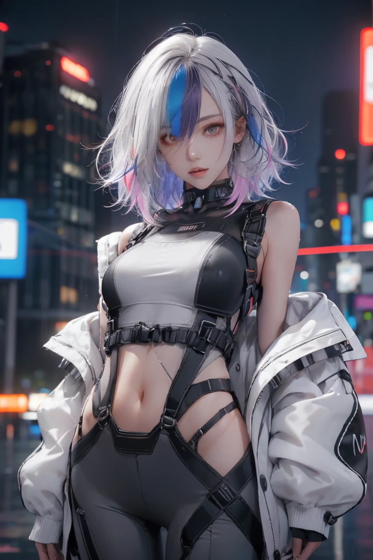 portrait, 1 girl, beautiful face, asymmetrical hair, multi-colored hair, belt, bodysuit, covered mouth, covered navel, detached sleeves, grey eyes, hip vent, open jacket, cute, look at viewer, night city, neon, rainy,