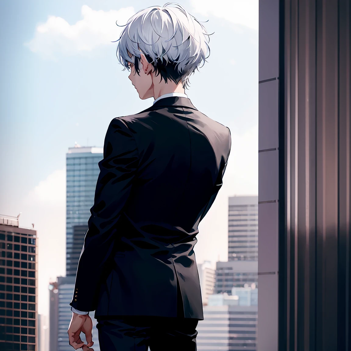 1 boy, white hair tie, dark purple eyes, Wearing an all black suit, top of building, high resolution, extra sharp, 8ก, Masterpiece, Look at the audience from behind