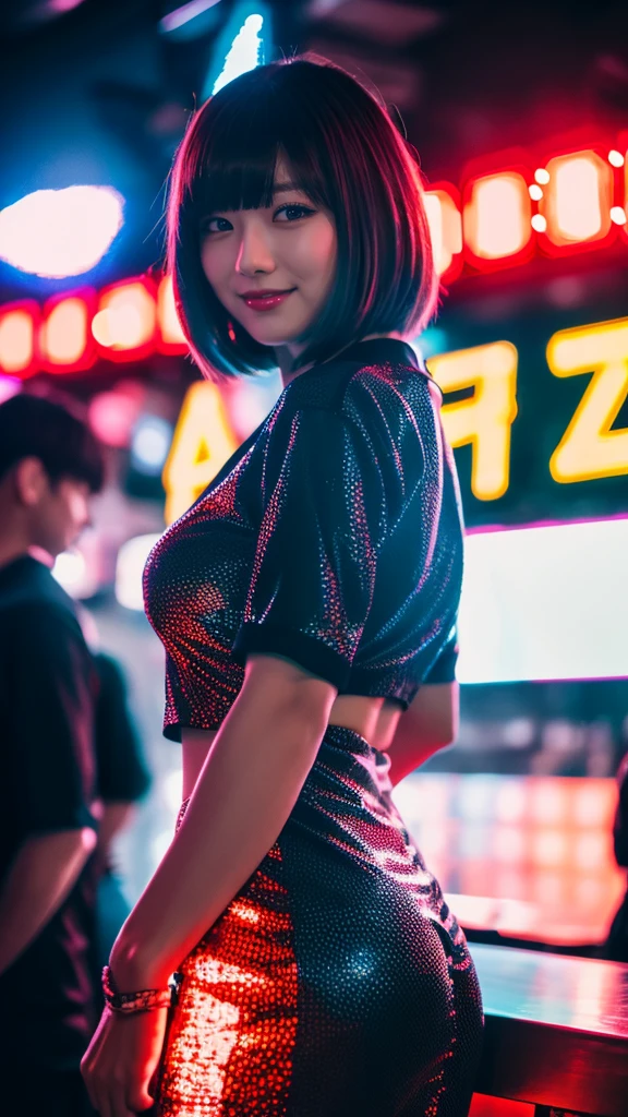 (best quality,4k,highres),Godzilla flirting with a shy Japanese woman,short hair,flirty Japanese girl,club outfit,giga ,busy night club,dynamic lighting,vibrant colors,bokeh,exciting atmosphere,unique encounter,playful interaction,lively crowd