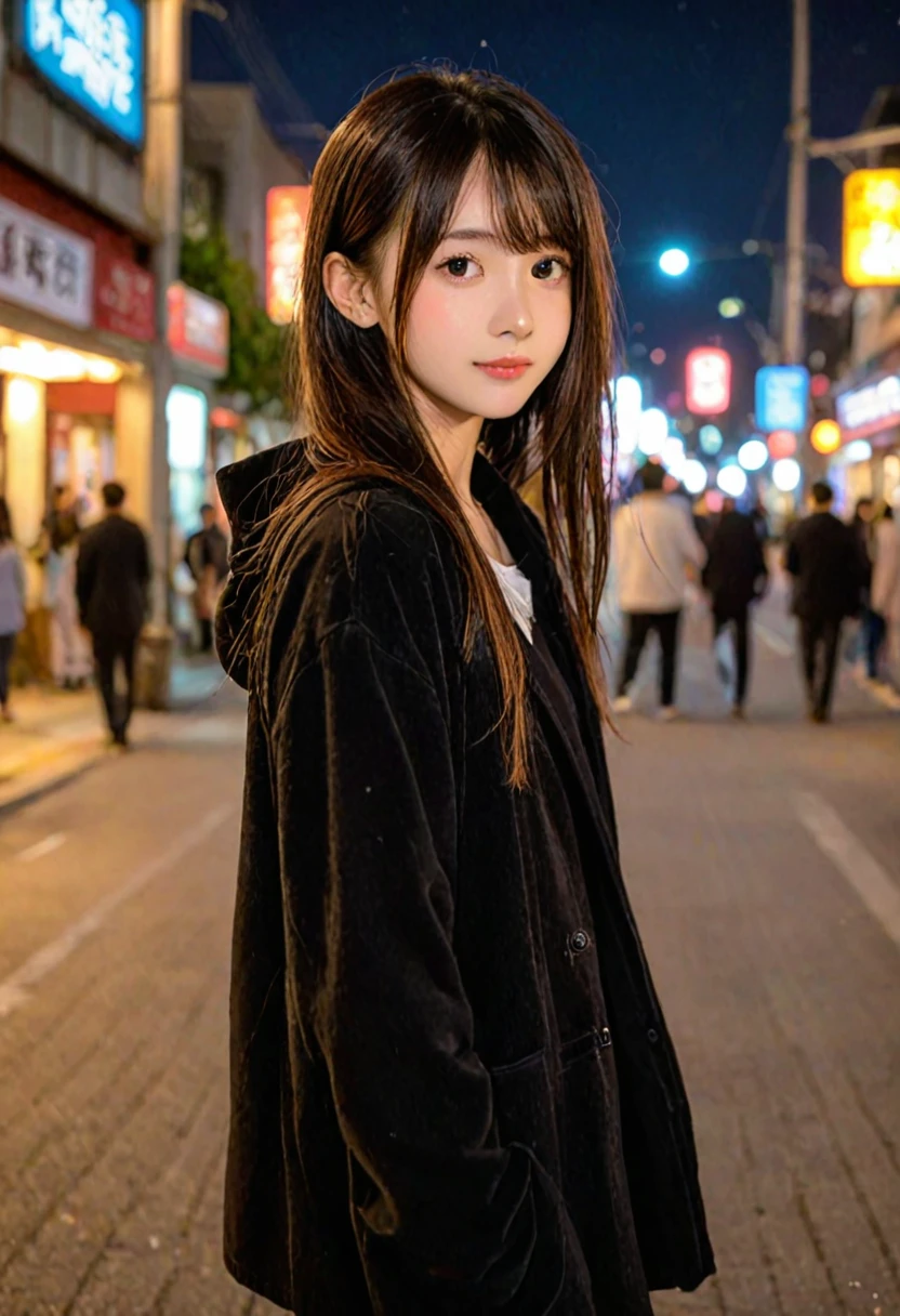 score_9, score_8_up, score_7_up, 1girl, japanese girl, cute, kawaii, beautiful face, perfect face, perfect body, light smile, shy, girl wearing formal wear, black jacket, detailed eyes, shiny skin, waking, looking at viewer, small breasts, skinny, from behind, depth of field, simple background, tokyo street, outdoors, night, night sky, jpn-girl, extremely detailed, professional lighting