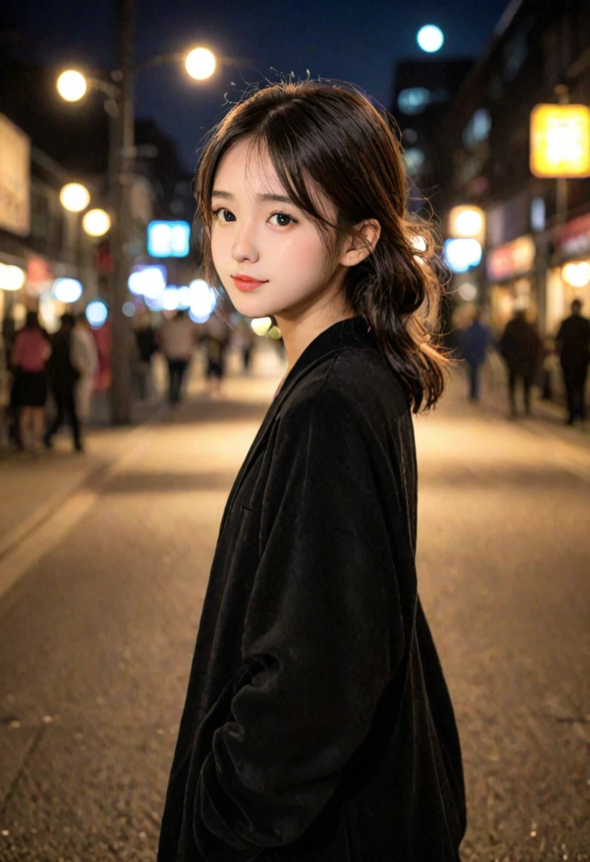score_9, score_8_up, score_7_up, 1girl, japanese girl, cute, kawaii, beautiful face, perfect face, perfect body, light smile, shy, girl wearing formal wear, black jacket, detailed eyes, shiny skin, waking, looking at viewer, small breasts, skinny, from behind, depth of field, simple background, tokyo street, outdoors, night, night sky, jpn-girl, extremely detailed, professional lighting