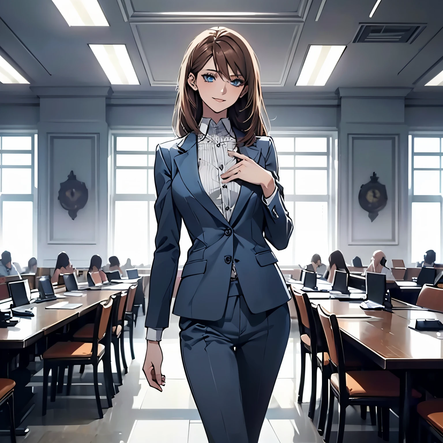 (Highest quality,High resolution,Very detailed),1 girl, Beautiful and elegant light blue eyes, Brown Hair, Cold Smile,shortcut,business suit, Mature Woman, Age 27,Cruel smile,secretary,Calm and Calm, Slim figure, Pale complexion, thin, Calm, In the conference room,Small breasts,slender,