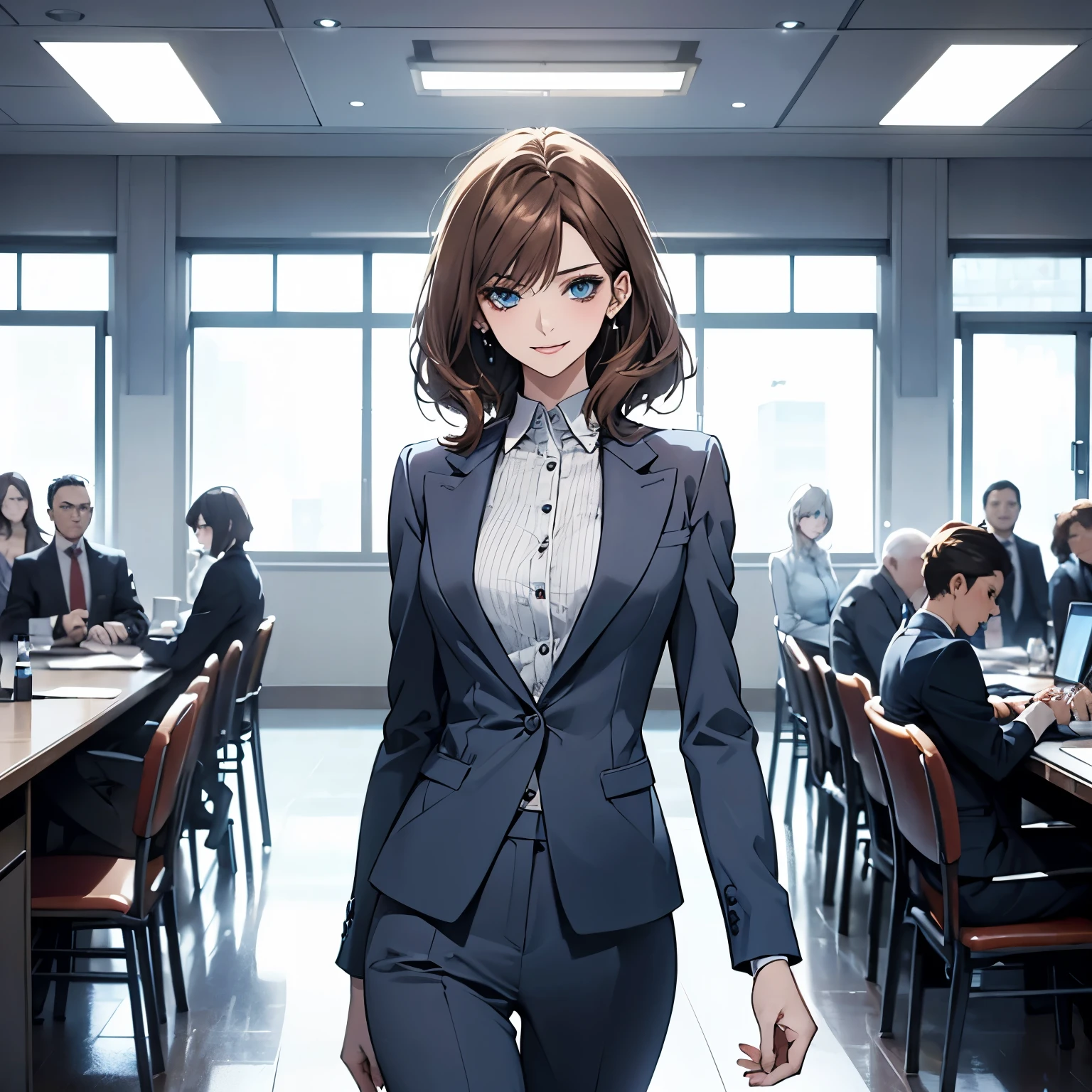 (Highest quality,High resolution,Very detailed),1 girl, Beautiful and elegant light blue eyes, Brown Hair, Cold Smile,shortcut,business suit, Mature Woman, Age 27,Cruel smile,secretary,Calm and Calm, Slim figure, Pale complexion, thin, Calm, In the conference room,Small breasts,slender,