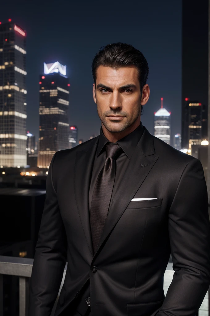 (absurdres, highres, ultra detailed, realistic, ), 1 male, solo, adult, mature, tall muscular guy, broad shoulders, handsome, very short hair, black hair, brown eyes, angular jaw, thick neck, thick eyebrows, night, dark, the night view of the city background, formal suit, necktie, upper body