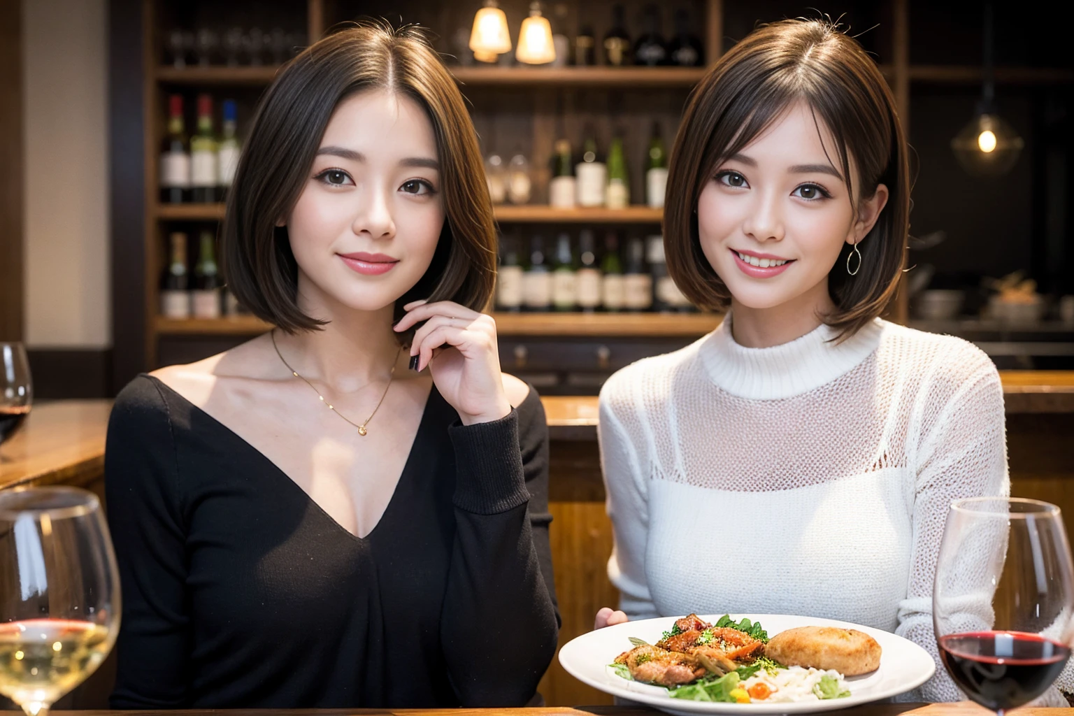 ((Highest quality、8k、masterpiece:1.3))、slimカップル、modelカップル、(Realistic, Intricate details:1.2), full-course dinner、Wine Party、Amazing view of the sunset sky and clouds、A bright smile、The wonderfulness of smile、Bright image、The beauty of wine, Beautiful Face, blue eyes, The light shines on your face, blush, short hair,Bright Face、 (Age 37), 39 years old, red wine 、Appetizers、Italian food、Wine bottle、Champagne、sparkling wine、Two beauties、Brown Hair、Shortcuts、Long sleeve shirt、dress、Beautiful woman 1, (slimな顔), (The body is slim), (Brown Hair), (Shortcuts), cheeks turn a little red,Attractive beauty、restaurant, In a prominent place (From the waist up) Nova Frog Style, actress, model, Upper Body, White wine, slim, wine glass, 中央に置かれたwine glass, smile, (smile: 1.15), Beautiful fine grain, Depth f/2,saturation, High Contrast, Strong light and shadow,Moist Body:1.5、3D texture、Delicate eyes、Brown Hair、The hair is very shiny、