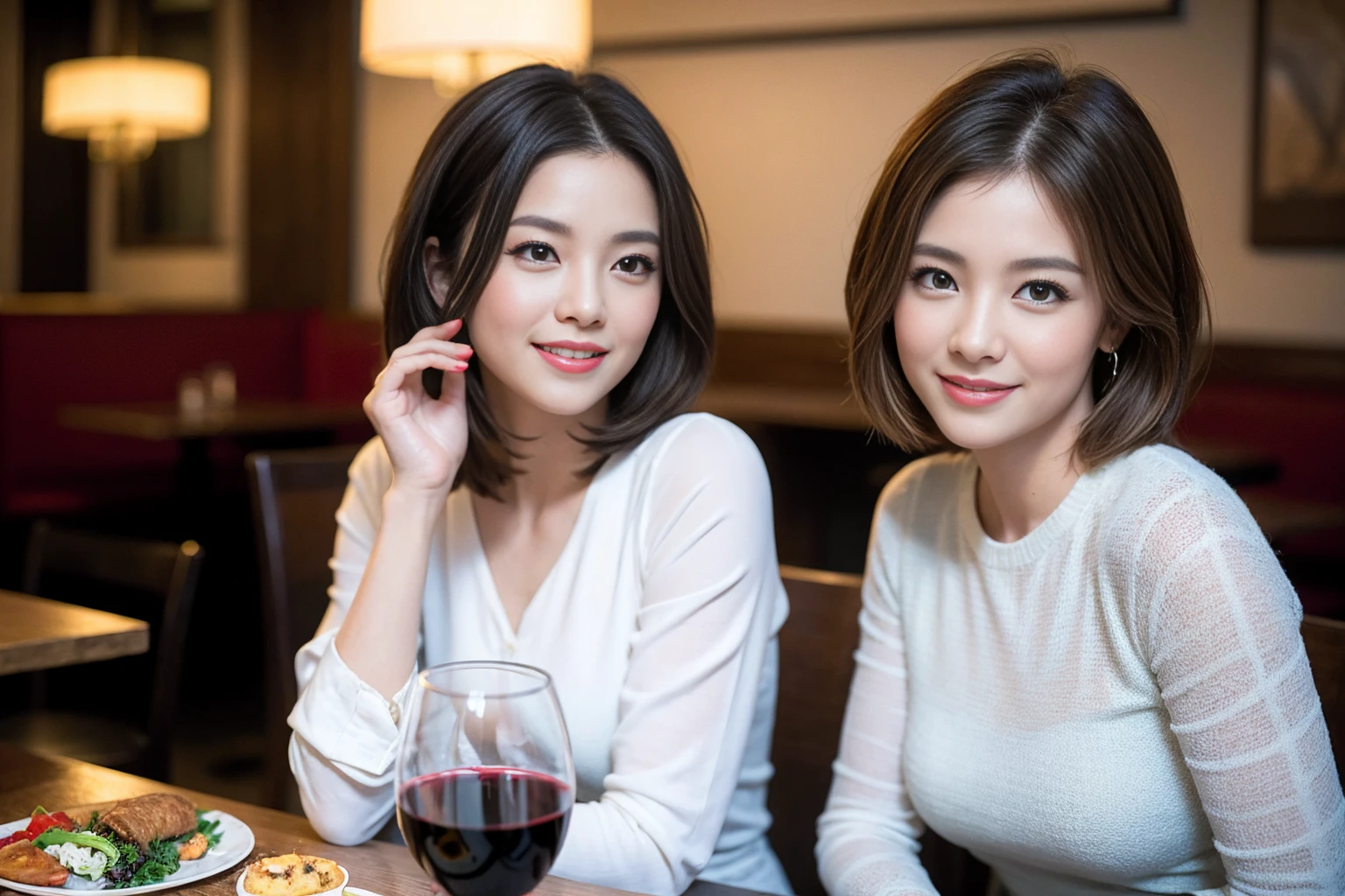 ((Highest quality、8k、masterpiece:1.3))、slimカップル、modelカップル、(Realistic, Intricate details:1.2), full-course dinner、Wine Party、Amazing view of the sunset sky and clouds、A bright smile、The wonderfulness of smile、Bright image、The beauty of wine, Beautiful Face, blue eyes, The light shines on your face, blush, short hair,Bright Face、 (Age 37), 39 years old, red wine 、Appetizers、Italian food、Wine bottle、Champagne、sparkling wine、Two beauties、Brown Hair、Shortcuts、Long sleeve shirt、dress、Beautiful woman 1, (slimな顔), (The body is slim), (Brown Hair), (Shortcuts), cheeks turn a little red,Attractive beauty、restaurant, In a prominent place (From the waist up) Nova Frog Style, actress, model, Upper Body, White wine, slim, wine glass, 中央に置かれたwine glass, smile, (smile: 1.15), Beautiful fine grain, Depth f/2,saturation, High Contrast, Strong light and shadow,Moist Body:1.5、3D texture、Delicate eyes、Brown Hair、The hair is very shiny、