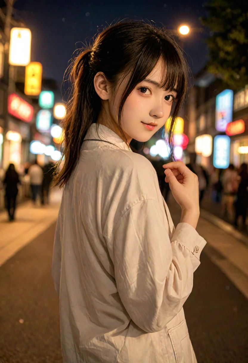 score_9, score_8_up, score_7_up, 1girl, japanese girl, cute, kawaii, beautiful face, perfect face, perfect body, light smile, girl wearing formal suits, detailed eyes, shiny skin, waking, looking at viewer, small breasts, skinny, from behind, depth of field, simple background, tokyo street, outdoors, night, night sky, jpn-girl, extremely detailed, professional lighting