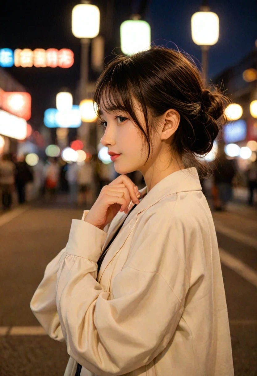 score_9, score_8_up, score_7_up, 1girl, japanese girl, cute, kawaii, beautiful face, perfect face, perfect body, light smile, girl wearing formal suits, detailed eyes, shiny skin, waking, looking at viewer, small breasts, skinny, from behind, depth of field, simple background, tokyo street, outdoors, night, night sky, jpn-girl, extremely detailed, professional lighting