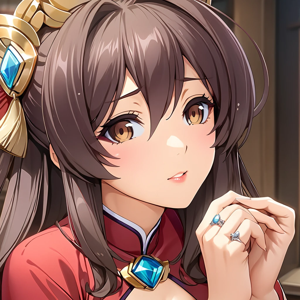 ((Highest quality)), ((masterpiece)), (detailed), （Perfect Face）、The woman is Marina Katsuragi, an ordinary Chinese woman with medium-long brown hair and an engagement ring.、The woman is dressed in typical Chinese clothing.