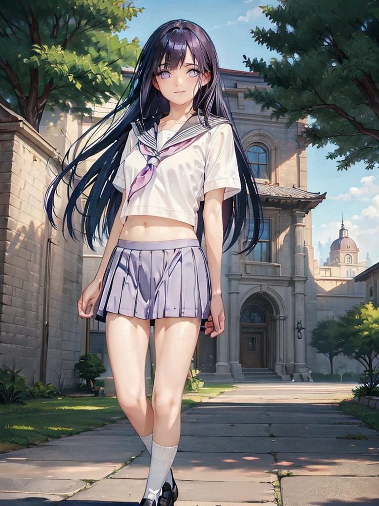 ((masterpiece)),(Best Quality),very detailed, (perfect anatomy)、beautiful female body, masterpiece、Ultra high quality、 8k、masterpiece、of the highest quality、ultra high resolution、maximum resolution、Very detailed、Professional lighting、cheered up、women、very beautiful face、very beautiful eyes、(very detailed eye)、purple eyes, Cara very detailed, beautiful and detailed face, official art,1 girl, Alone, Very long hair , dark purple hair, purple hair, belly button, sailor , diaphragm, realist, hinata, Tender smile, big breasts, Beautiful figure, beautiful smile, Whole body, japanese schoolgirl(Sailor suit in purple and white tones), short sleeve,short pleated skirt, Socks type gal, loose white socks, Brown loafers,tomorrow,The sun is rising, from below, rest outdoors, city,area, REST looking at the viewer, whole body, (perfect hands, perfect anatomy),