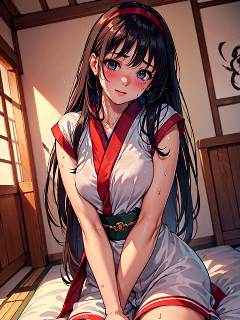 (masterpiece、top-quality、hight resolution、Unity 8k、extremely details CG:1,Best Picture), Girl invites to sex in an aroused state. She is blushing and sweating. She is seducing men with her sexuality on full display. nsfw, ((solo, 1girl, japanese-style room)), hairband, red ribbon