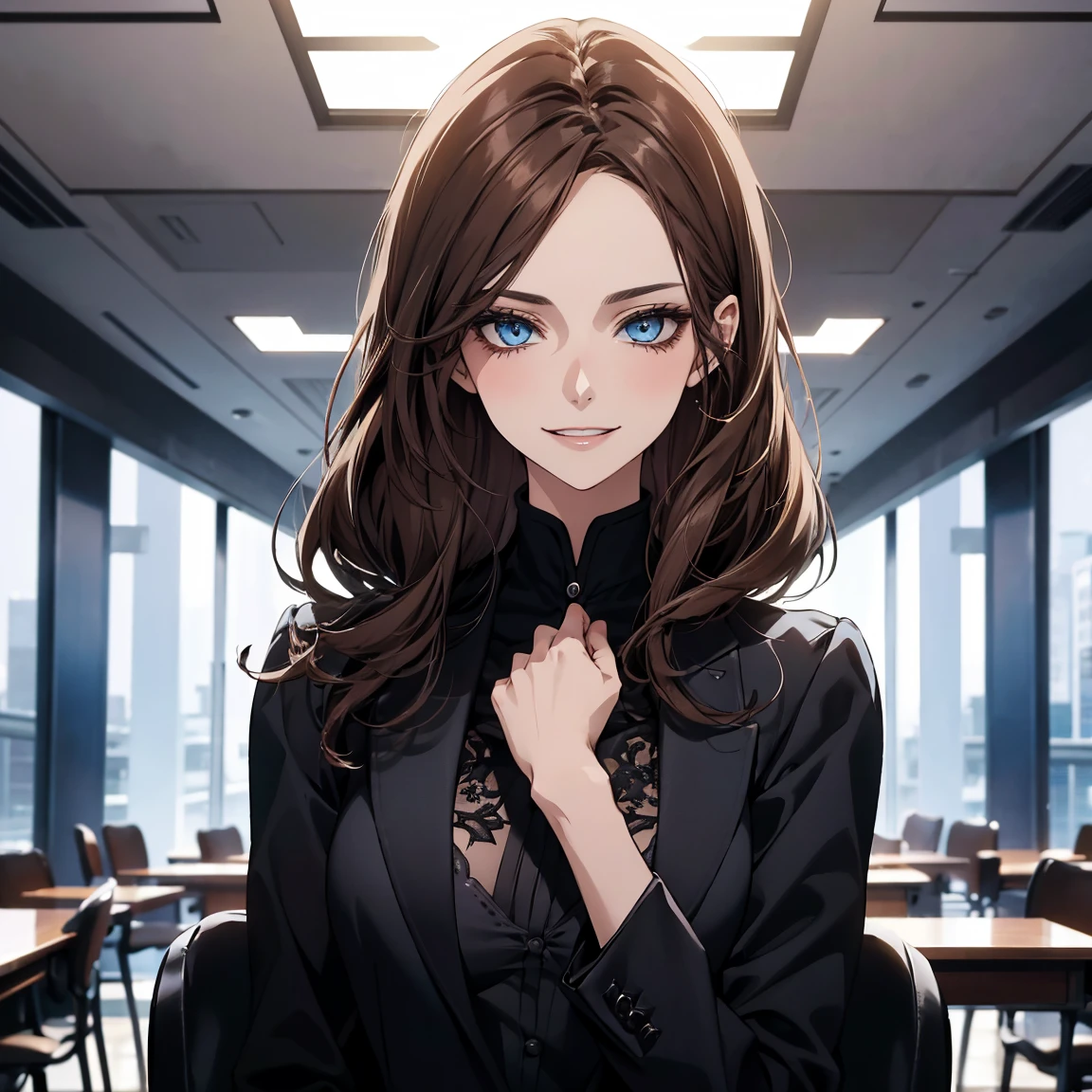 (Highest quality,High resolution,Very detailed),1 girl, Beautiful and elegant light blue eyes, Brown Hair, Cold Smile,Bob Hair, Wearing a black suit, Mature Woman, Age 2,Cruel smile, Calm and Calm, Slim figure, Pale complexion, thin, Calm, In the conference room.
