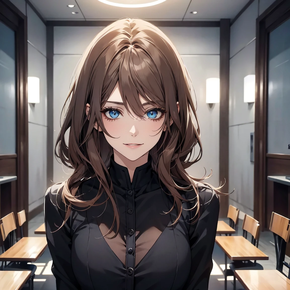 (Highest quality,High resolution,Very detailed),1 girl, Beautiful and elegant light blue eyes, Brown Hair, Cold Smile,Bob Hair, Wearing a black suit, Mature Woman, Age 2,Cruel smile, Calm and Calm, Slim figure, Pale complexion, thin, Calm, In the conference room.
