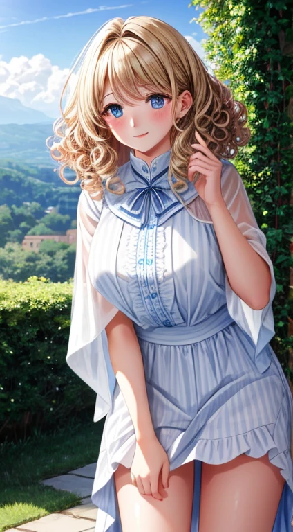 masterpiece, 最好的quality), 1 8 year old girl,Blonde、blue eyes,Long white hair,curlies,Shawl Hair,明るいblue eyes, Nature background,High resolution, quality, 超quality, Ultra-detailed, Cinematic lighting、To the camera,1 girl,huge 、I was wearing nothing.,pink, Smiling very happily、curlies、Hotel Bedroom,lie,Blushed,Crotch close-up,The crotch is clearly visible,
