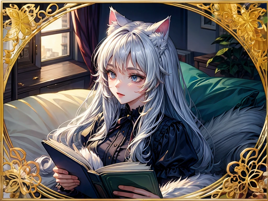 Cat-eared girl reading a book