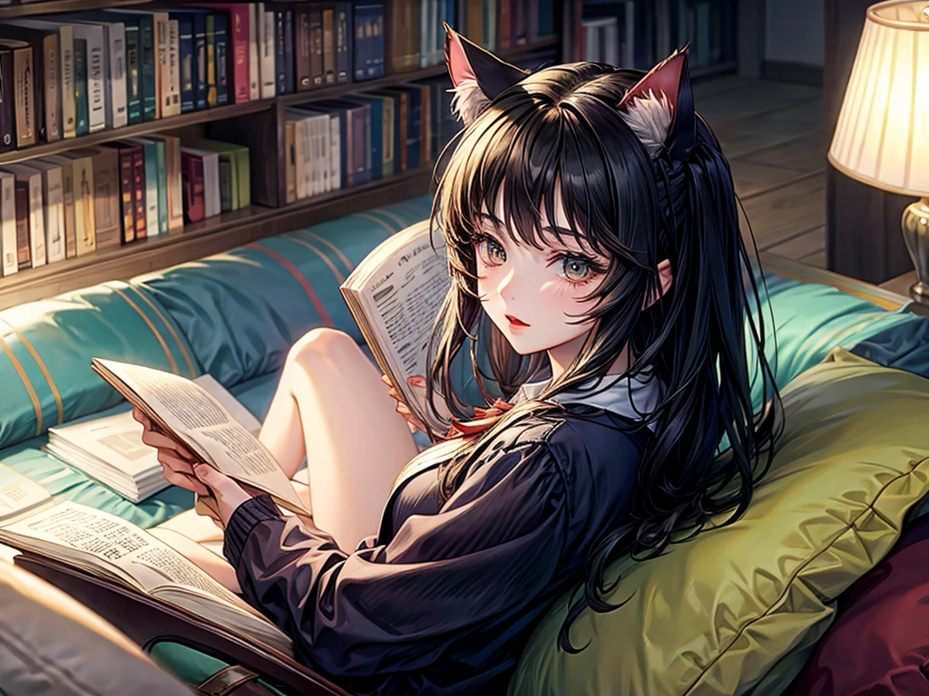 Cat-eared girl reading a book