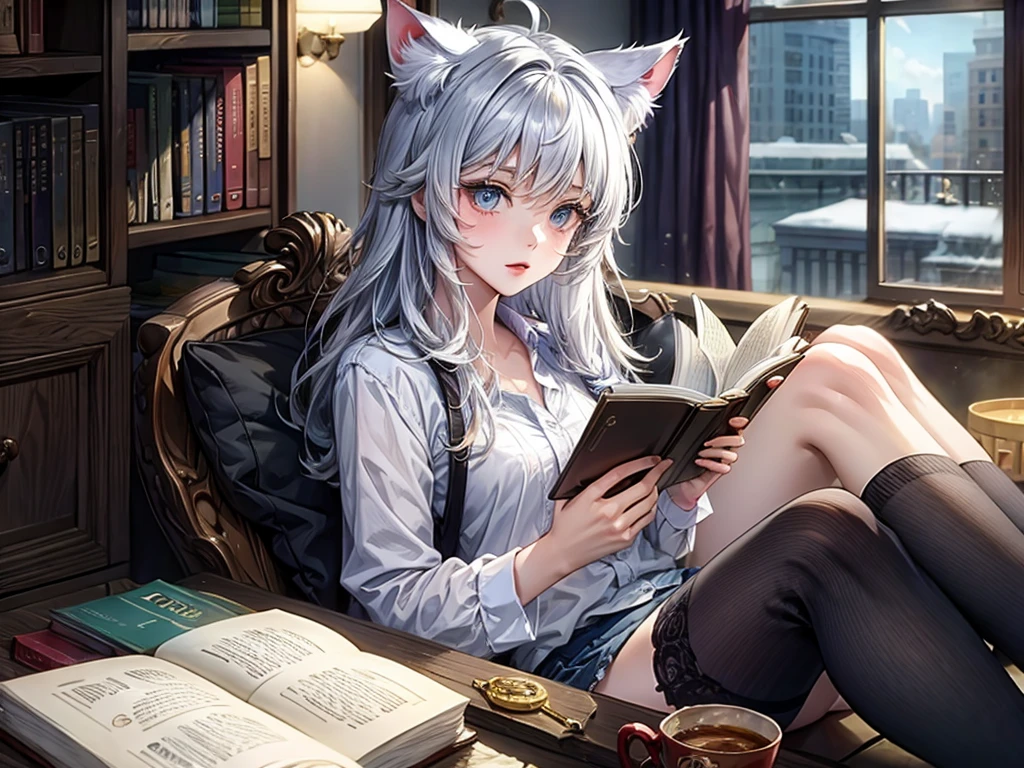 Cat-eared girl reading a book