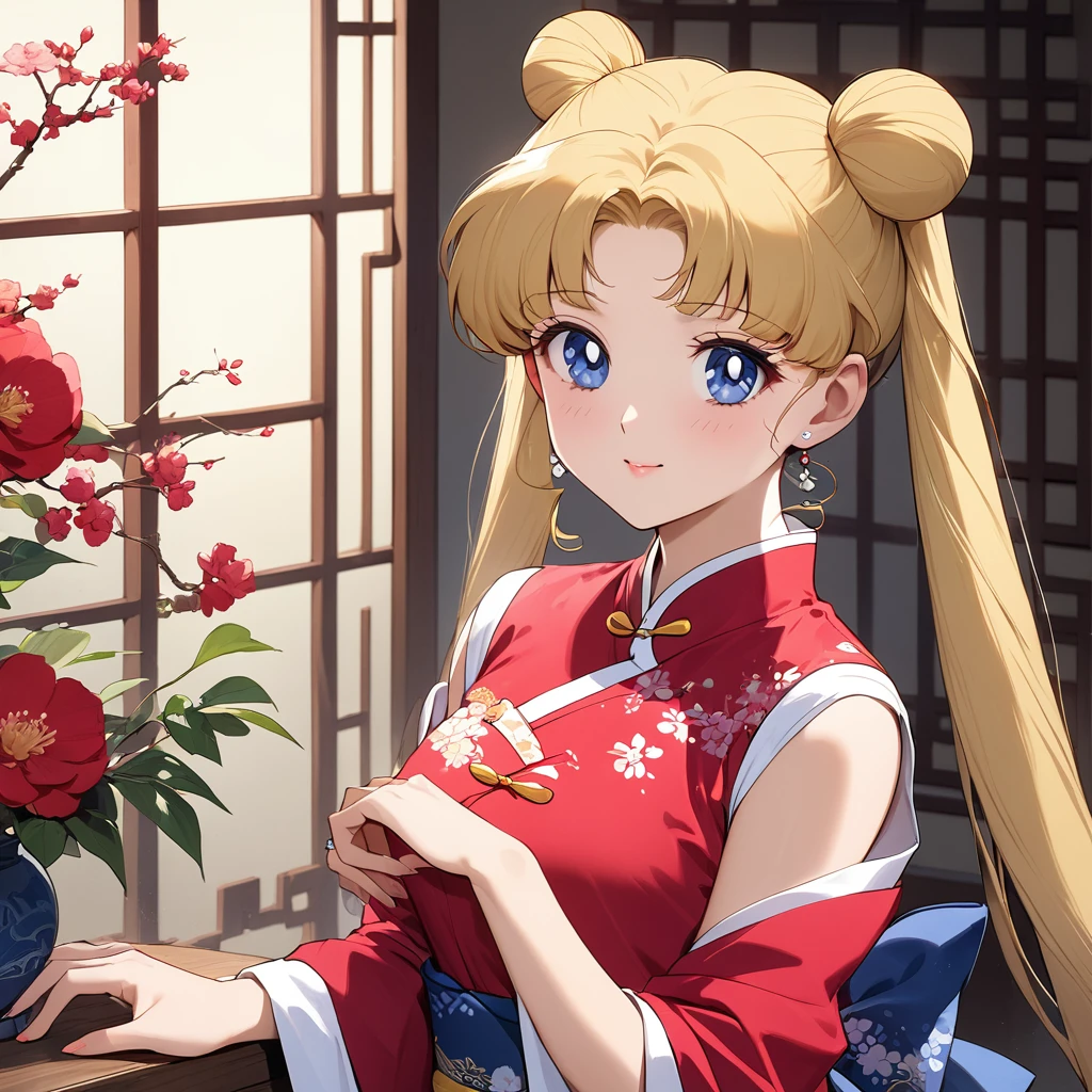 ((Highest quality)), ((masterpiece)), (detailed), （Perfect Face）、The woman is Tsukino Usagi, an ordinary Chinese woman with long blonde hair in a chignon and twin tails, and an engagement ring.、The woman is dressed in typical Chinese clothing.