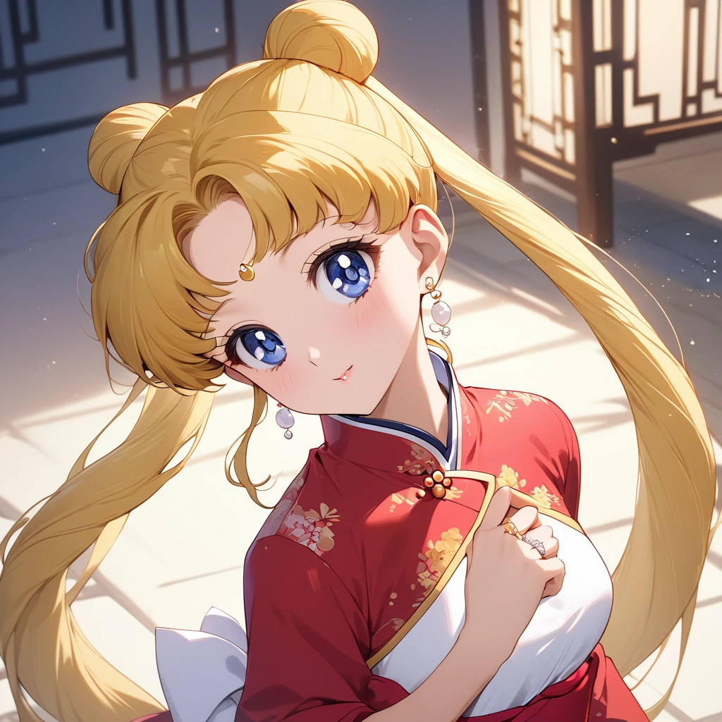 ((Highest quality)), ((masterpiece)), (detailed), (Perfect Face)、The woman is Tsukino Usagi, an ordinary Chinese woman with long blonde hair in a chignon and twin tails, and an engagement ring.、The woman is dressed in typical Chinese clothing.