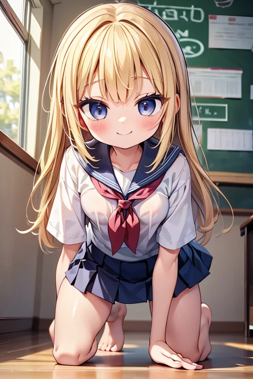 One person!!、Baby Face、、smile、human、6 year old girl、Long Hair、Blonde!、With bangs、small、1st grade elementary school students、Big eyes、barefoot、black eye、cute、Are thin、Very small breasts、身長のsmall、体のsmall、Short legs、School uniforms、Bare Skin、Show the whole body、On all fours、