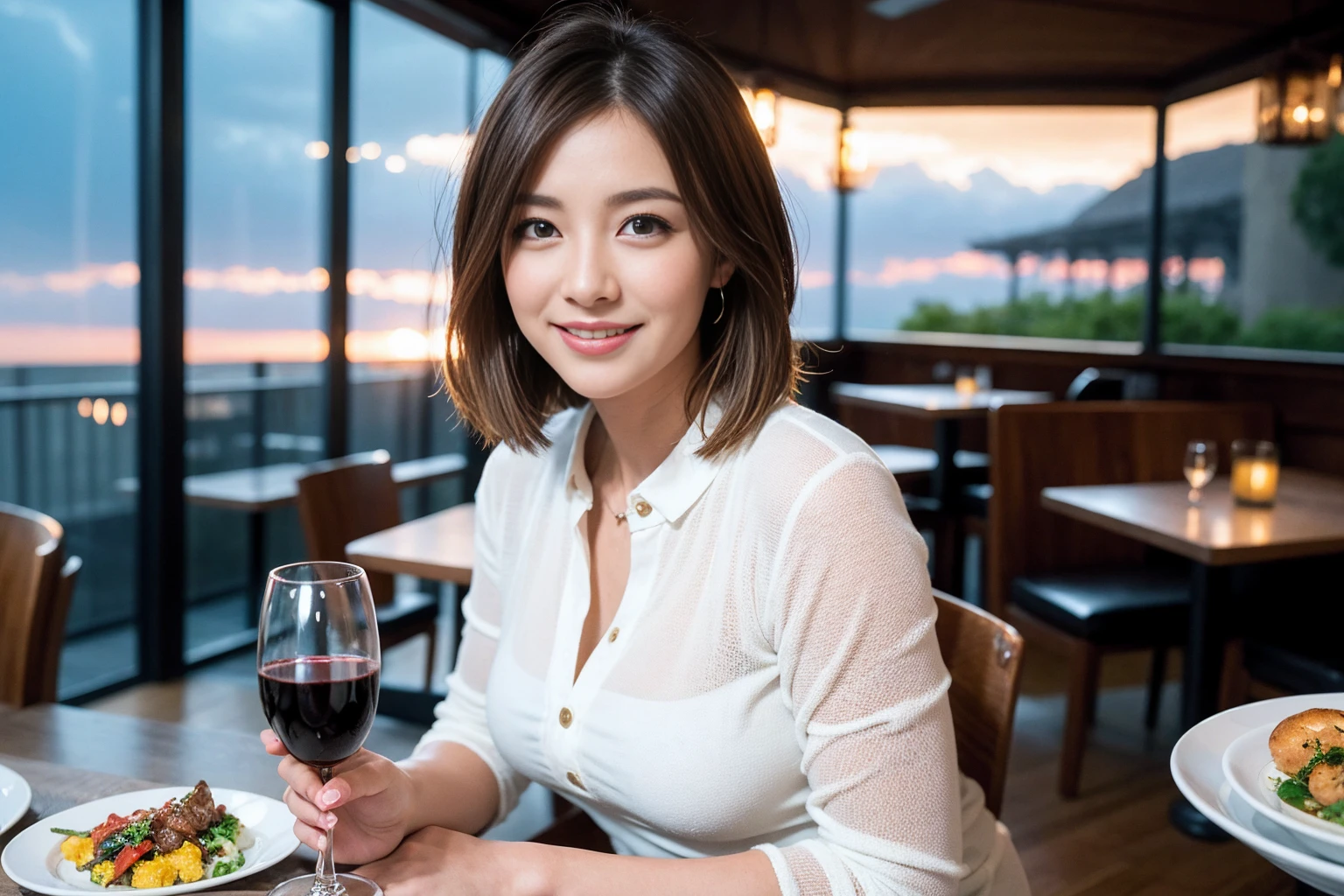 ((Highest quality、8k、masterpiece:1.3))、slimカップル、modelカップル、(Realistic, Intricate details:1.2), full-course dinner、Wine Party、Amazing view of the sunset sky and clouds、A bright smile、The wonderfulness of smile、Bright image、The beauty of wine, Beautiful Face, blue eyes, The light shines on your face, blush, short hair,Bright Face、42 years old), 39 years old, red wine 、Appetizers、Italian food、Wine bottle、Champagne、sparkling wine、Two beauties、Brown Hair、Shortcuts、Long sleeve shirt、dress、Beautiful woman 1, (slimな顔), (The body is slim), (Brown Hair), (Shortcuts), cheeks turn a little red,Attractive beauty、restaurant, In a prominent place (From the waist up) Nova Frog Style, actress, model, Upper Body, White wine, slim, wine glass, 中央に置かれたwine glass, smile, (smile: 1.15), Beautiful fine grain, Depth f/2,saturation, High Contrast, Strong light and shadow,Moist Body:1.5、3D texture、Delicate eyes、Brown Hair、The hair is very shiny、