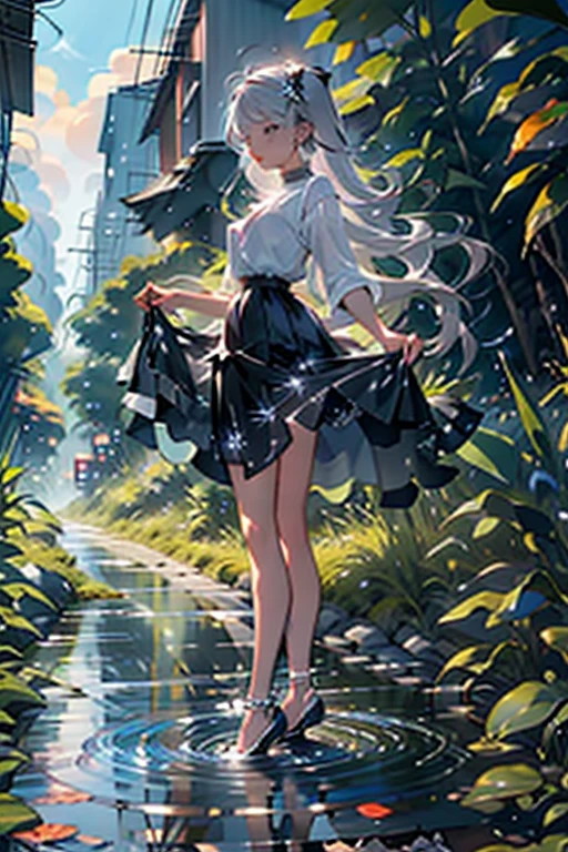 Girl Walking On The Road, Road to the grassland, Path in the woods, Wooden road, stream, streamに架かる橋, Distant City, I can see the city, girl, Silver Hair, Indigo eyes, blouse, Chiffon skirt, Midi Skirt, spirit, Long Hair, mysterious, Small breasts, anime, manga, beautiful girl