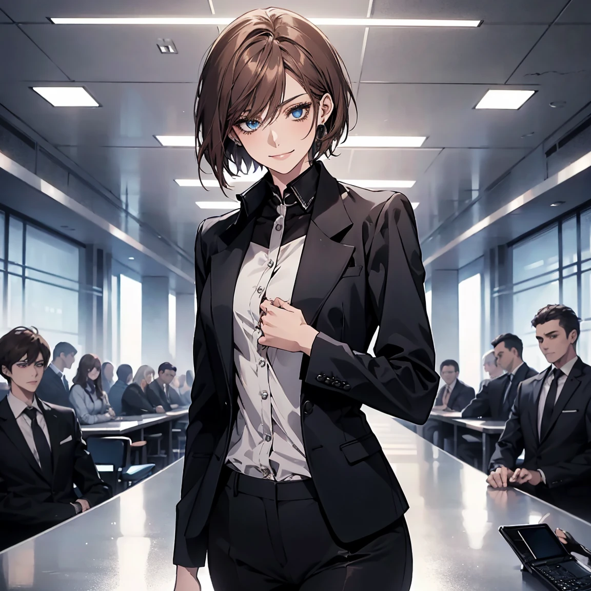(Highest quality,High resolution,Very detailed),1 girl, Beautiful and elegant light blue eyes, Brown Hair, Cold Smile,short hair, Wearing a black suit, Mature Woman, Age 26,Cruel smile, Calm and Calm, Slim figure, Pale complexion, thin, Calm, In the conference room.
