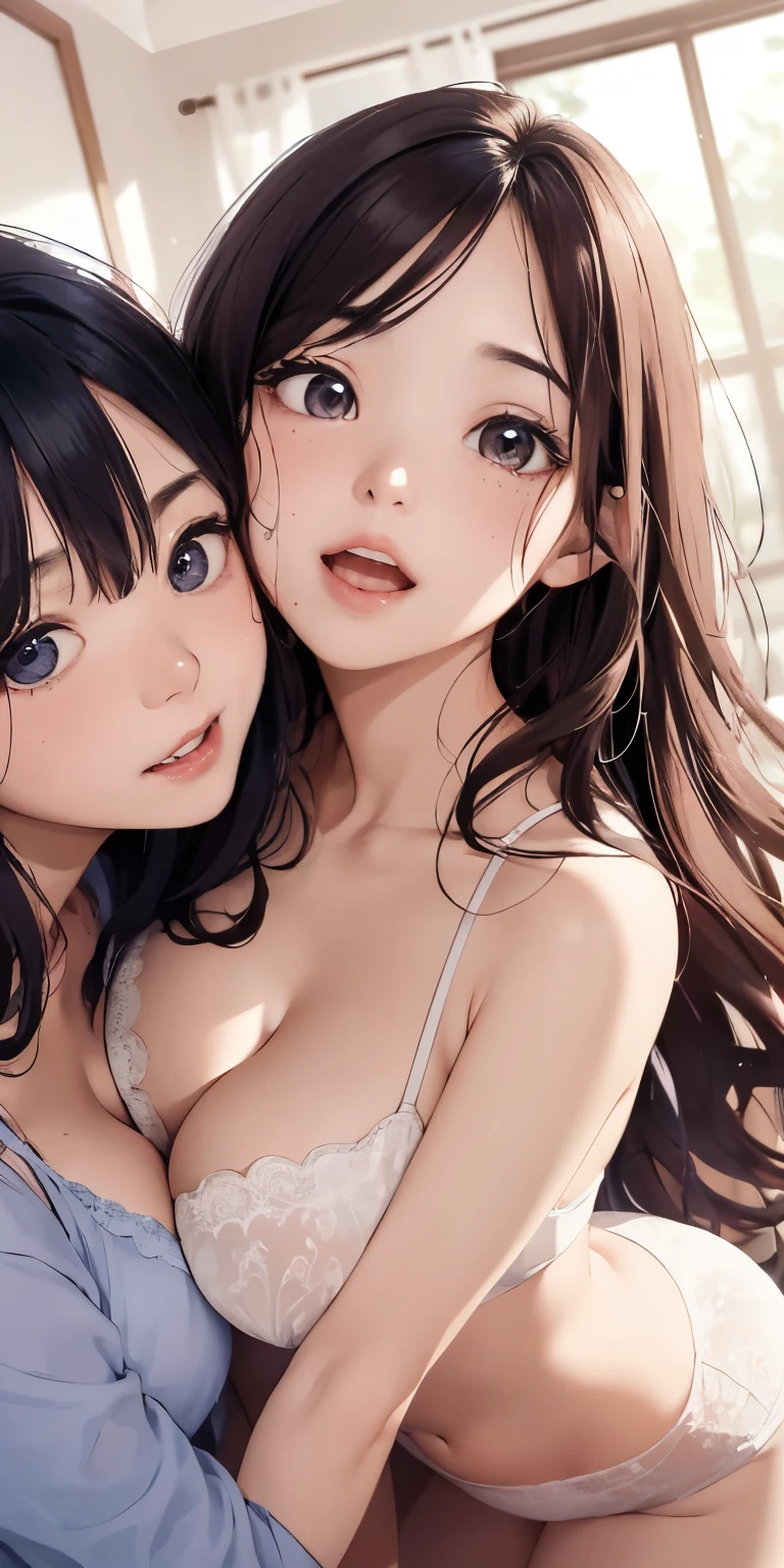 Best Quality,High Resolution,8k,finelity detailed background,Masterpiece:1.2), (2 beautiful girls:1.3). The girl on the left has (brown hair:1.3), (brown eyes:1.2), and wears black lingerie. Girl on right has (romance gray hair:1.3), (gray eyes:1.2), wearing gray lingerie, upper body, leaning forward, (Cleavage: 1.2), cute, looking up, sweet, blush, upper body, close-up (close-up of breasts: 1.2), late night, bedroom, on bed, two girls kissing