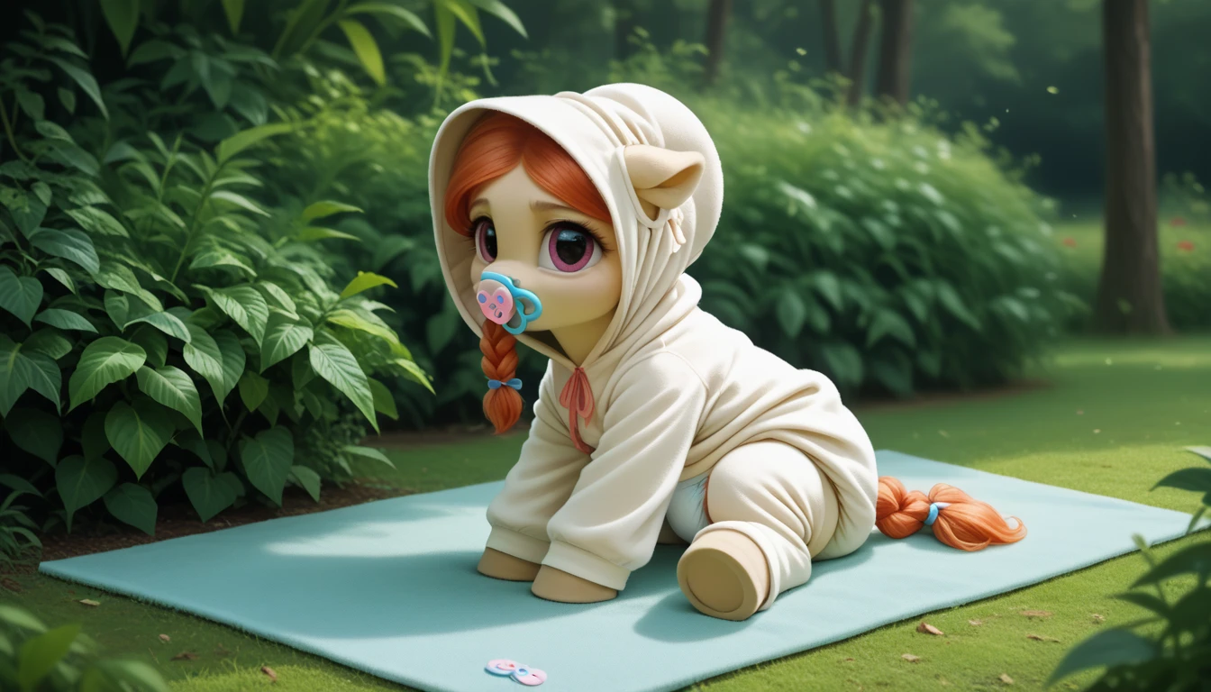pony, beige earth pony, no horn, no wings, adult filly, lush mane braided into a braid, lush tail, sitting on a soft play mat, dressed in an onesie, bonnet and booties, pacifier in the mouth, solo, thick diaper under clothes.