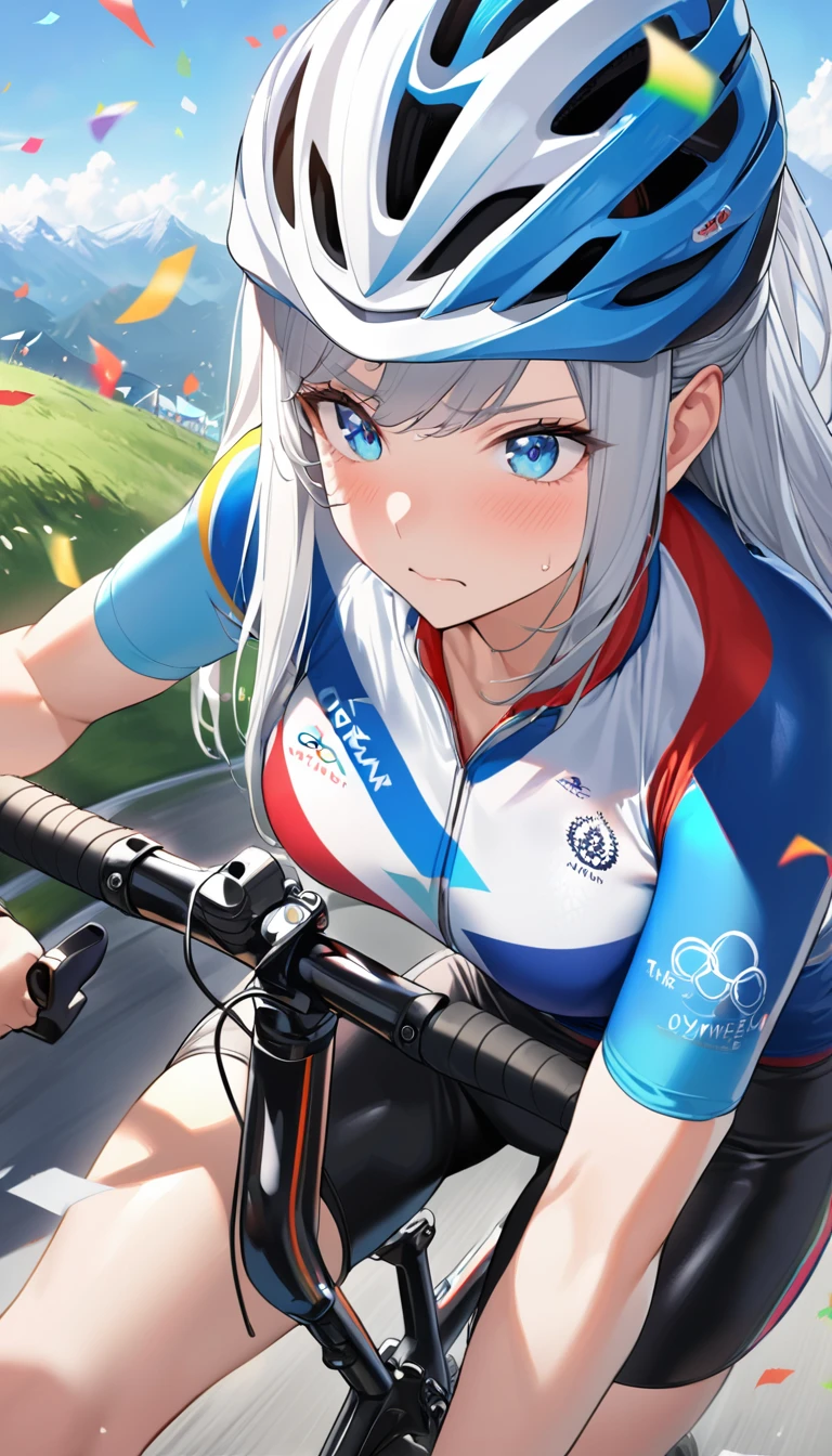 best quality, Good quality, 16K, Unbelievably ridiculous, Very detailed, 2.5D, Delicate and dynamic, Blue sky, Confetti, Olympic会旗, Mountain Bike, downhill, , Small face, Very delicate expression, Delicate eye depiction, Very fine hair, Upper body close-up, , The only sexy Japanese woman, Healthy body shape, 17-year-old female, Olympic, Cycling, Large target, company, Swaying bust, Silver long hair, Sexy long legs, Radiant Skin, soft skin, Jersey, protector, helmet, A gold medal hangs around his neck, Leather pants, Knee-high boots, Mountain Bike,