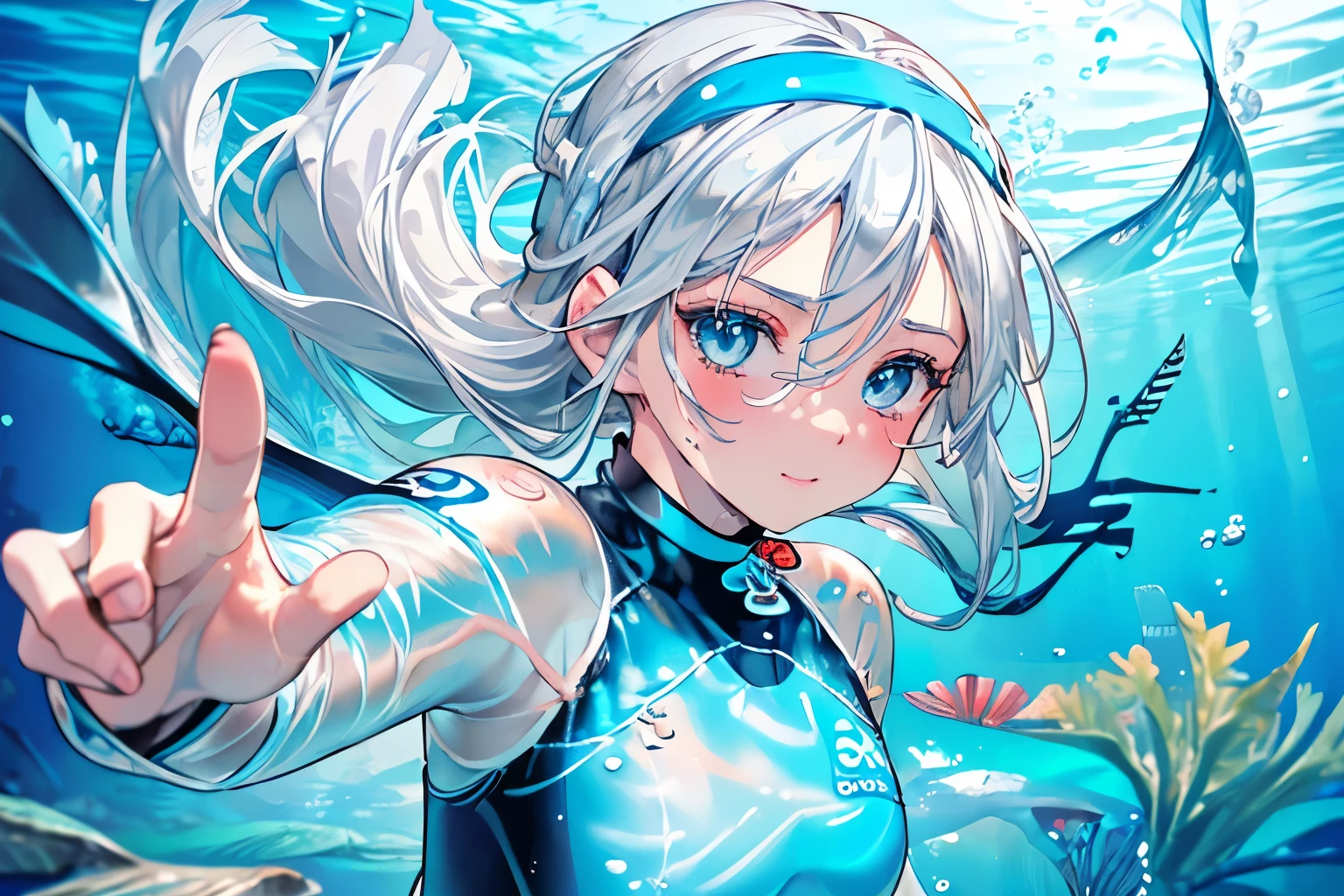 (Best quality,4K,8K,High resolution,Masterpiece:1.2),Super detailed,(Actual, Realistic),
break,
((Beautiful clear blue eyes:1.2)),very kind eyes,eyes wide open,beautiful eyelashes,beautiful lower eyelashes,
break,
((Beautiful and shiny silver hair:1.3)),smile,
break,
((rash guard:1.4)),((headband:1.3))
break,
((underwater:1.4)),((doing snorkeling:1.3)),((bust shot)),((zoom in))