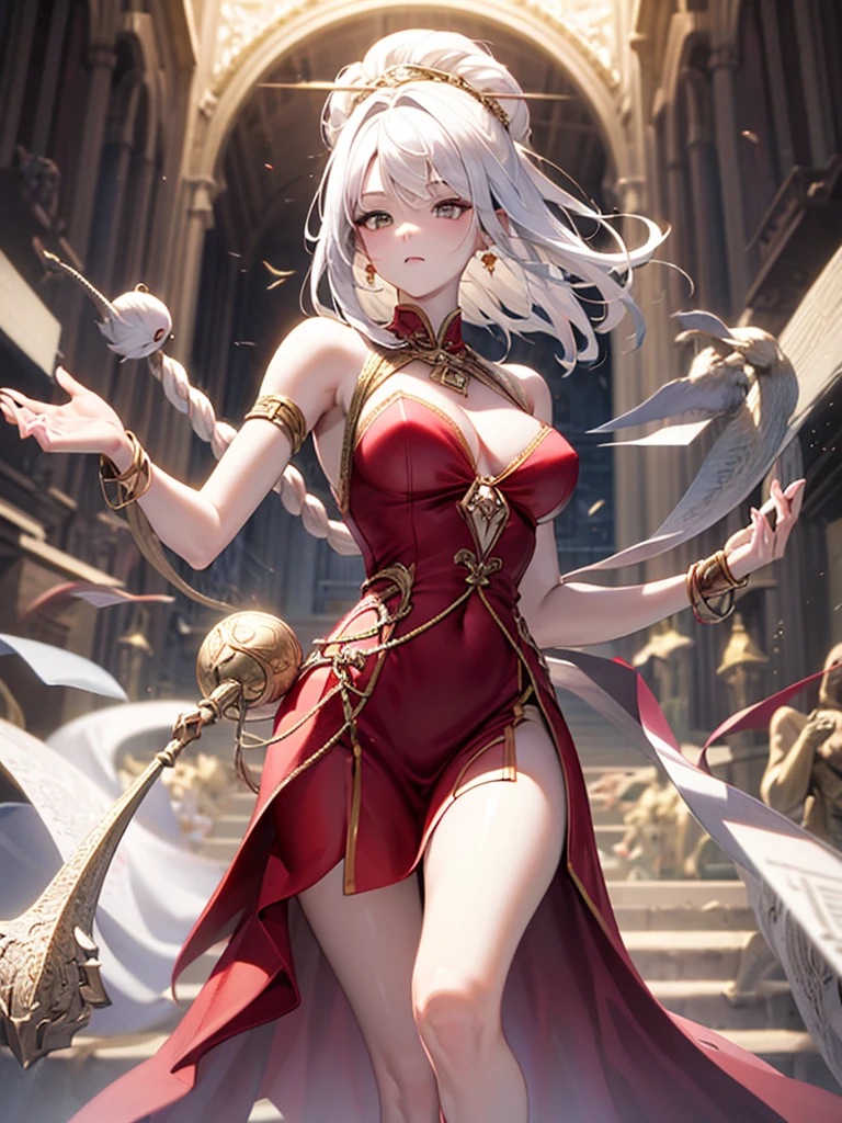 dancer, red dresses doll, showing off, masterpieces, HD, 16K, white hair, white eyes, rope, scale up, perfect body shape