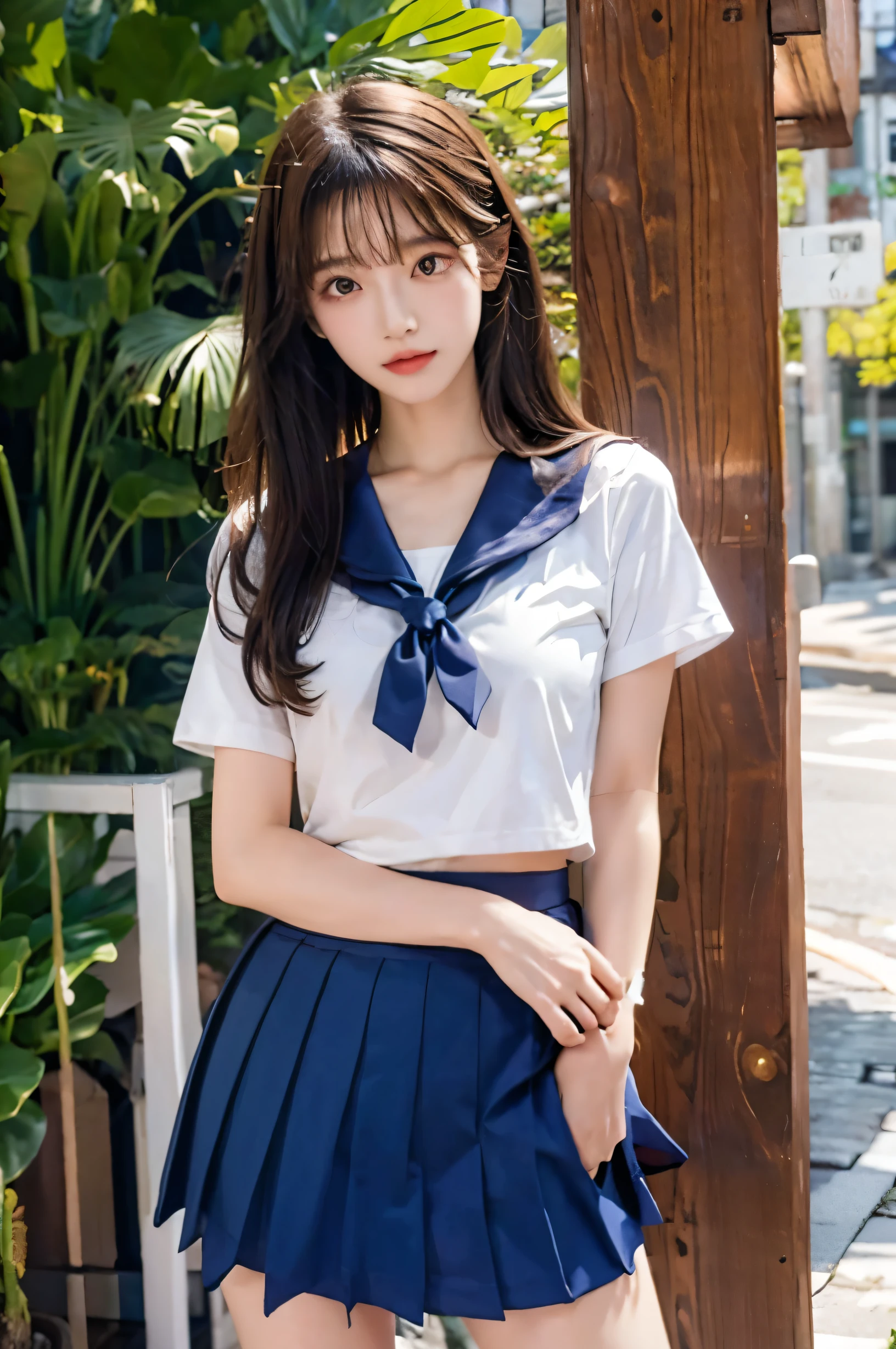 (Ultra HD), (Short-sleeved sailor uniform, Navy blue mini skirt), Big Breasts, slender, whole body, Standing posture, (Clean and shiny skin, Whitening, No makeup), (Super slim face, Super beautiful face), (semi-long, Layered Cut, Fluffy hair), (double eyelid, Slanted Eyes), Small Nose, Thin lips, Thin legs, school gate